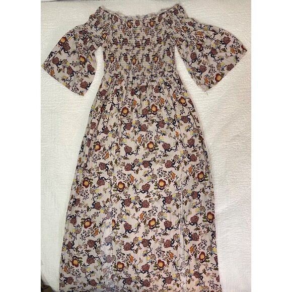 Smocked Slit Maxi Floral Boho Dress Off Shoulder Flutter Sleeve Gypsy Empire - Picture 1 of 10